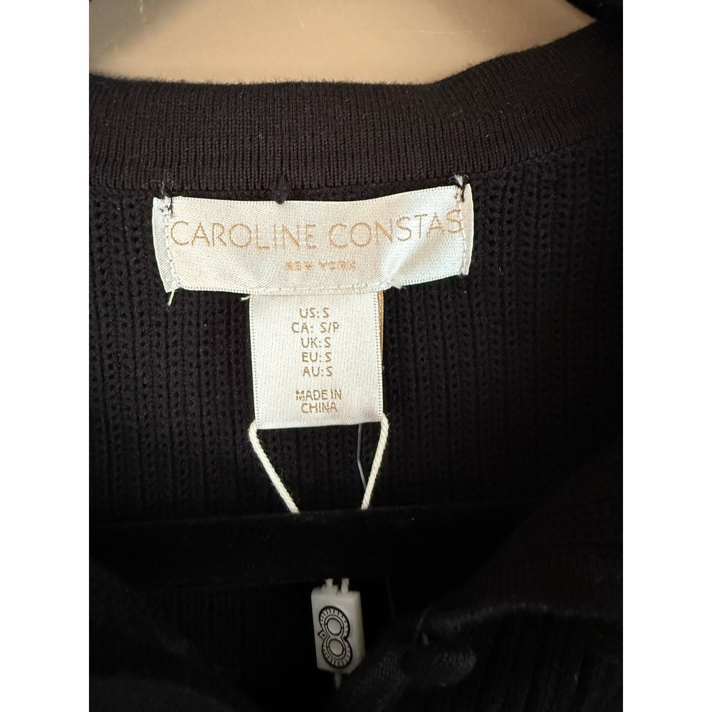 Caroline Constas Black Ribbed Knit Polo Top‎ White Ric Rac Trim Short Sleeve S - Picture 2 of 6
